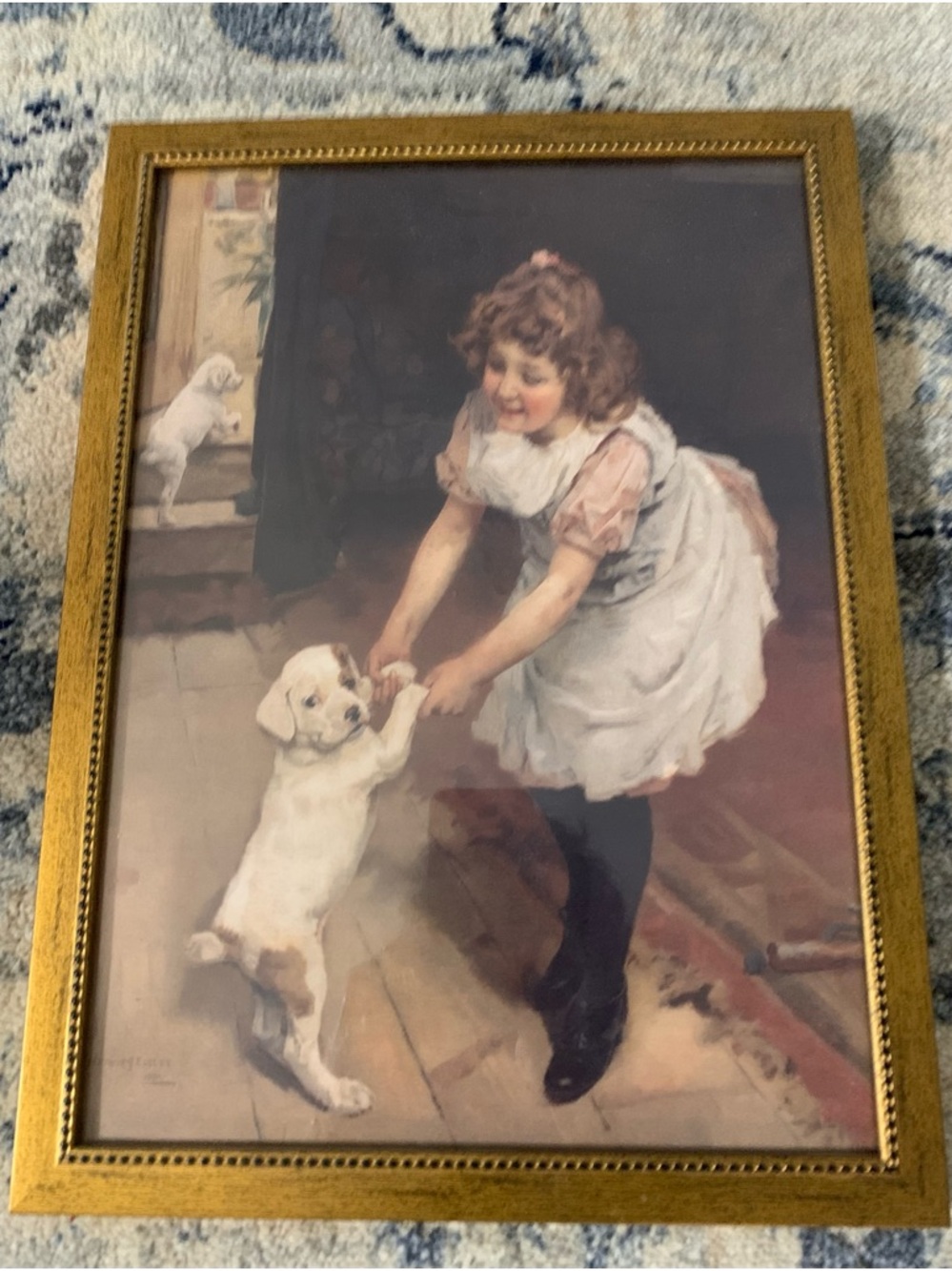 Vintage-Style Framed Child & Puppy Print- Gold Frame